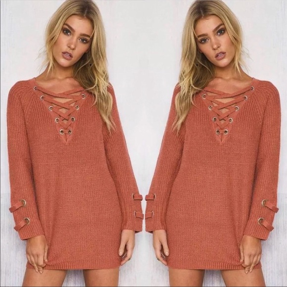 Cozy Lace up V-Neck Sweater, Burnt Orange - Picture 5 of 6